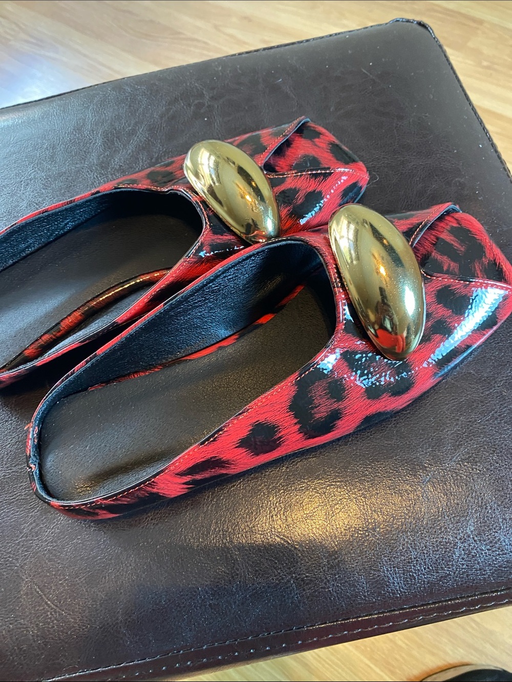 Red Leopard-Print Open-Toe Mules with Gold Accent - Picture 7 of 7